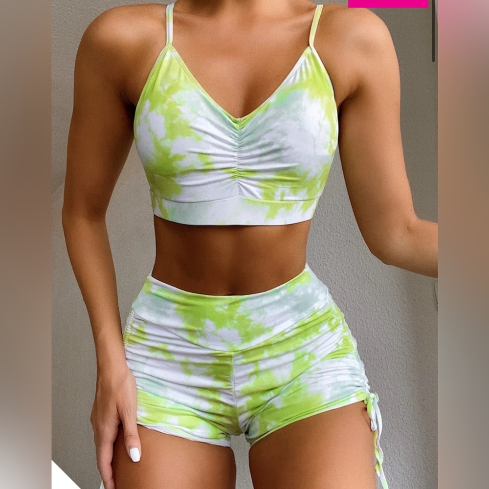 Two Piece Set. Green and white tie dye two piece bikini ruched set size M